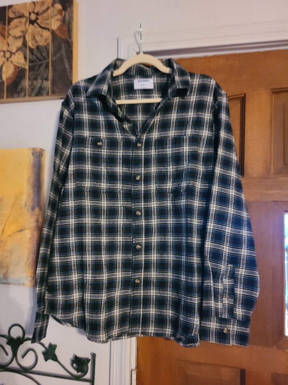 Old Navy Men's Plaid Flannel Shirt NWT L Double Brushed Black Blue Plaid